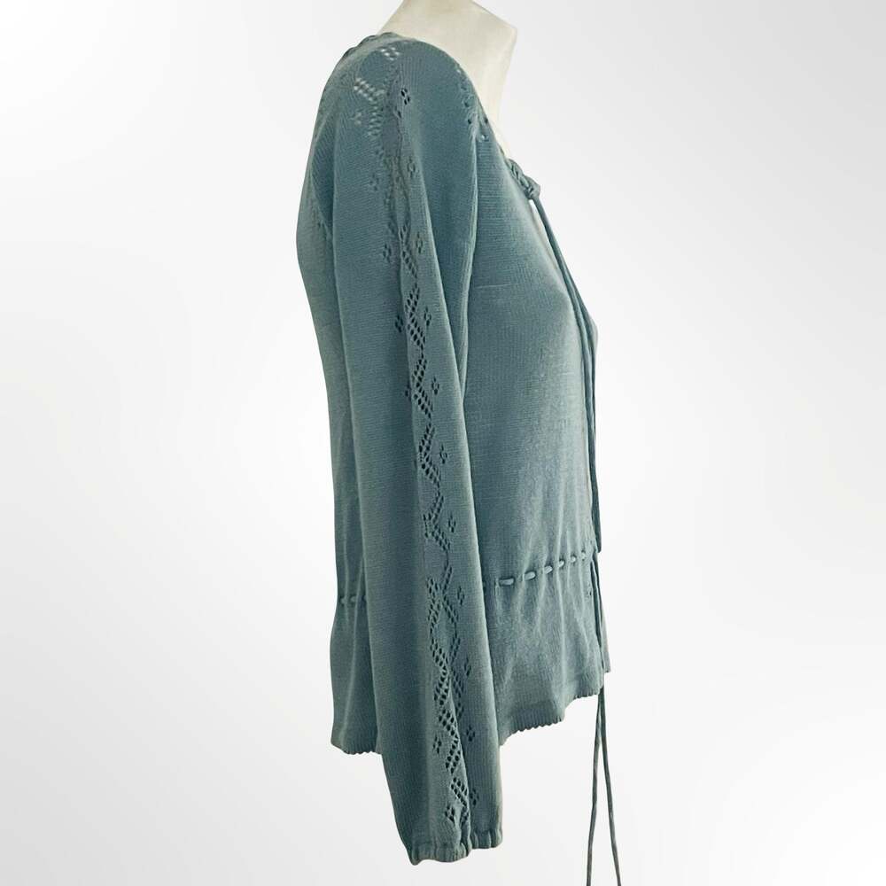Vintage Beewear Boho Sage Green Pointelle Knit Tie-Front Peplum Top - Picture 3 of 8